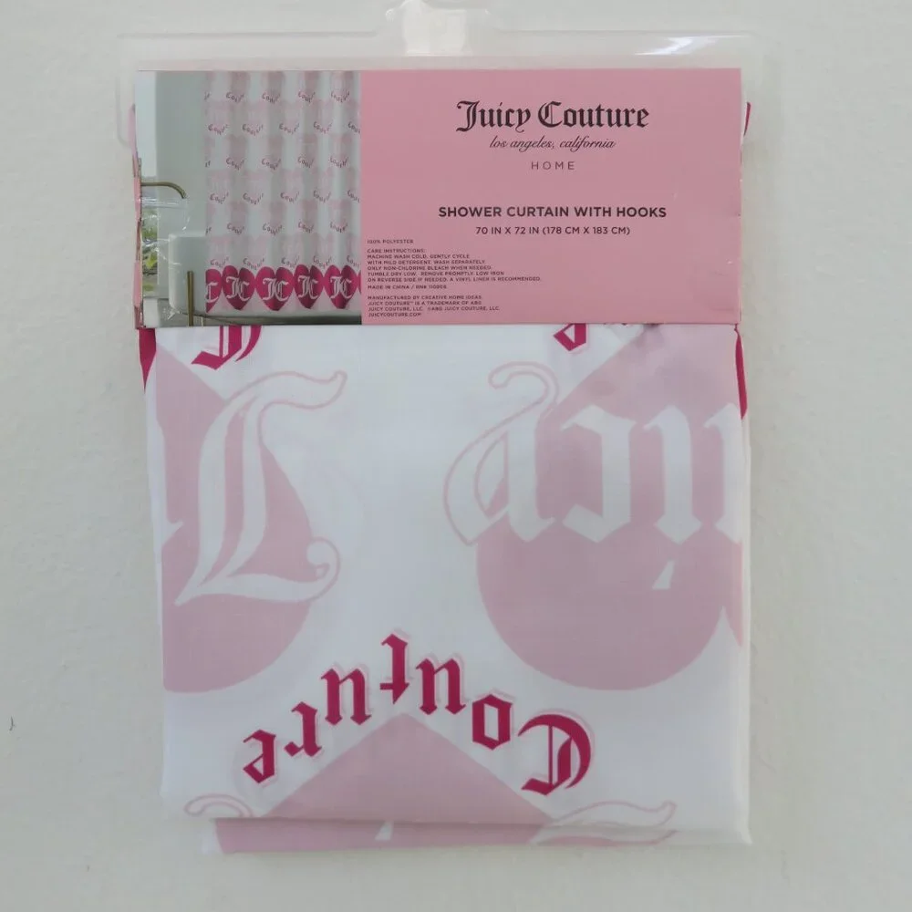 (#116) Juicy Couture White and Pink Shower Curtain with Hooks